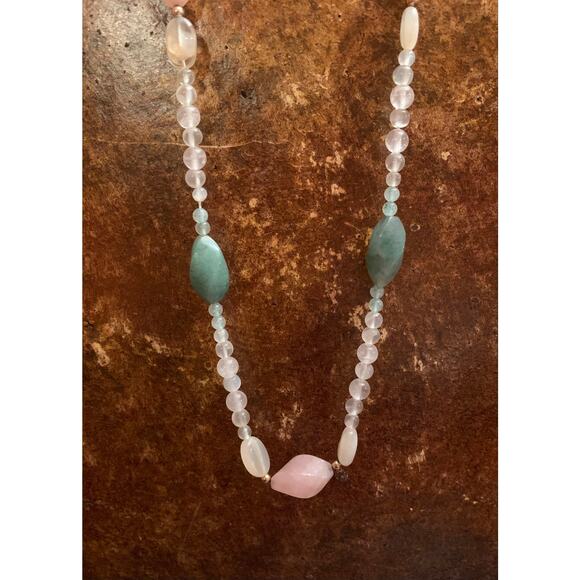 Rose Quartz and Green Chalcedony Necklace Vintage - Picture 3 of 6